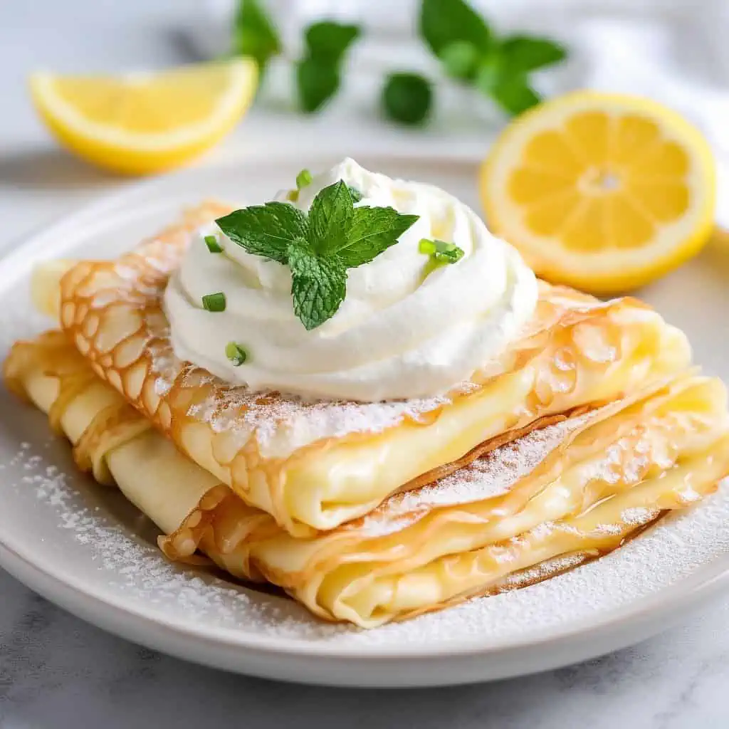 lemon ricotta crepes on a plate topped with whipped cream.