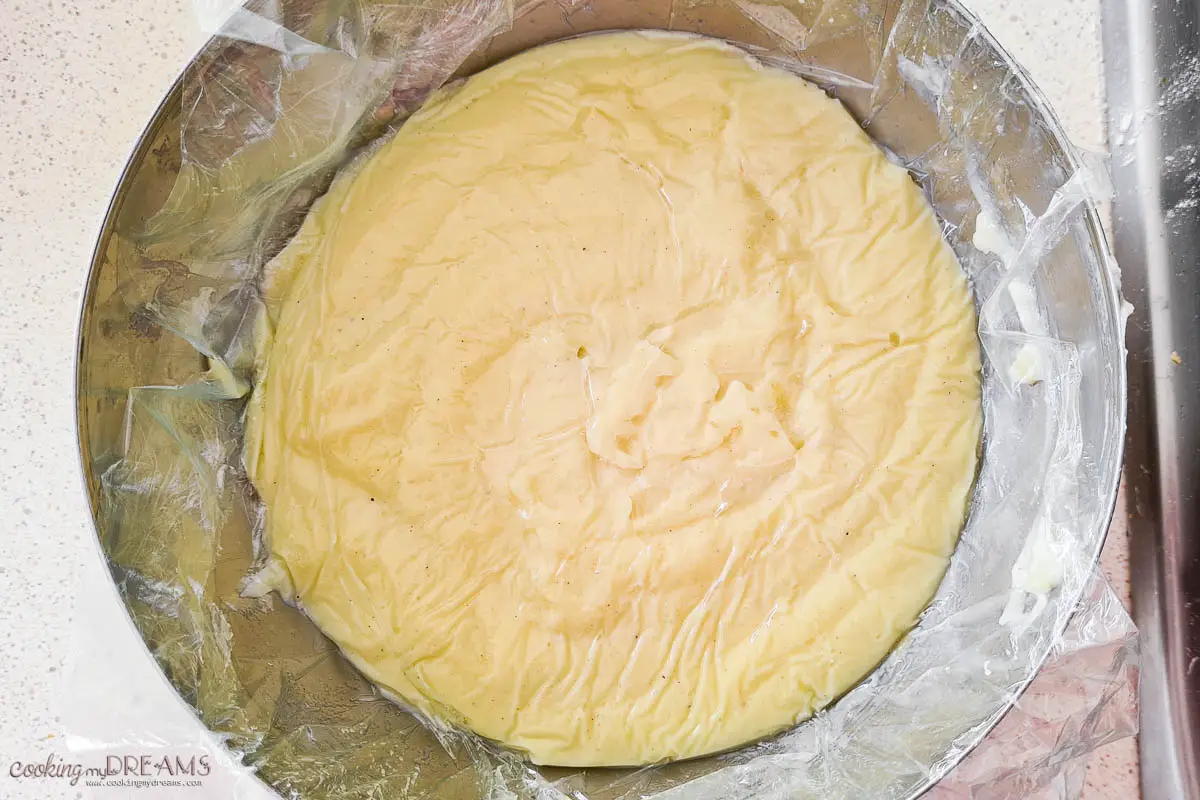 plastic wrap on top of a bowl of custard.