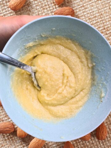 bowl of frangipane almond cream on a table.