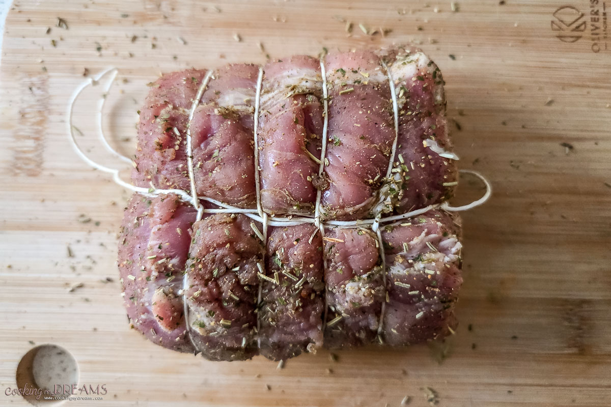 pork loin seasoned and tied with twine.