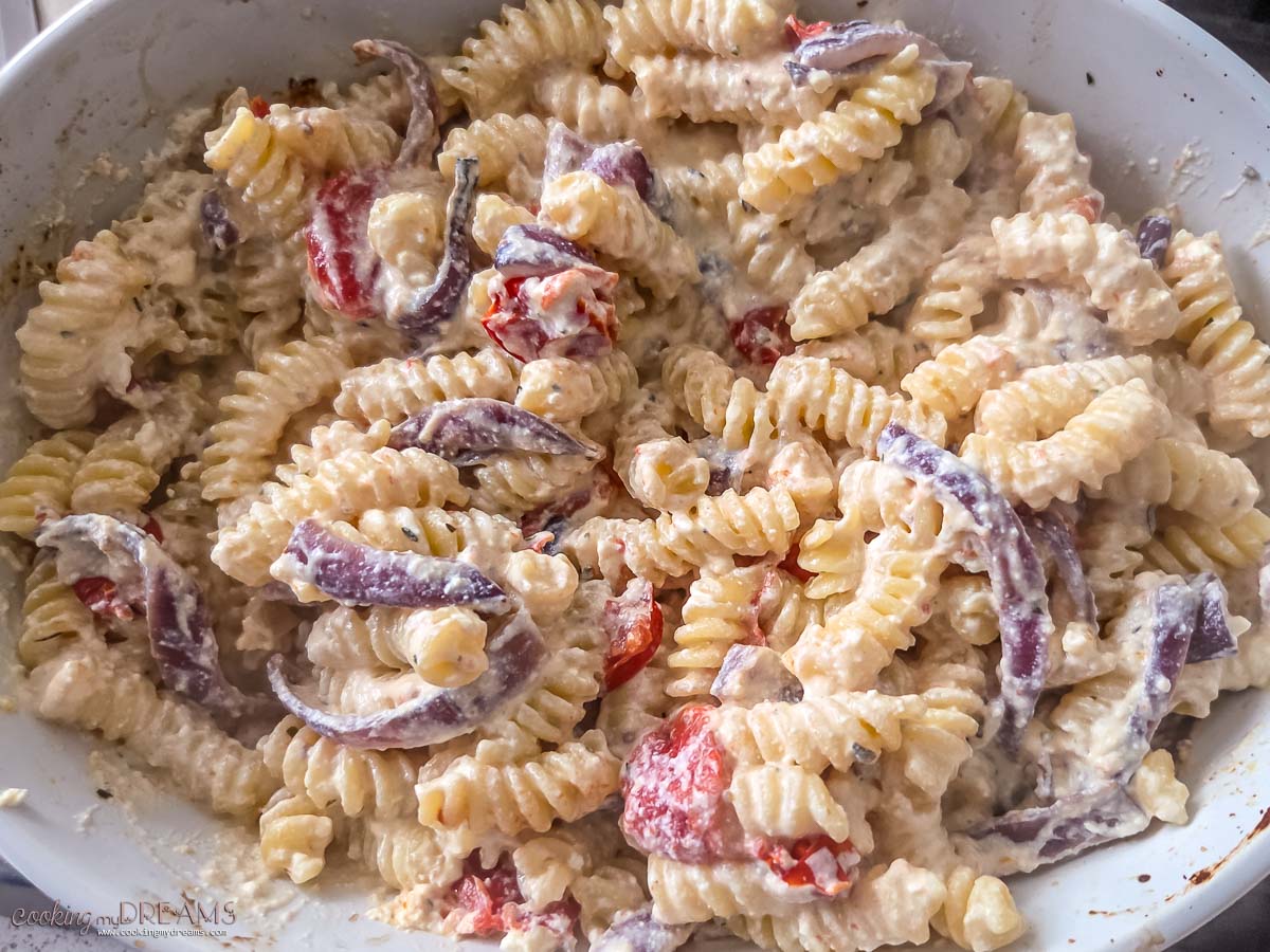 pasta mixed with the baked ricotta, onions and tomatoes.