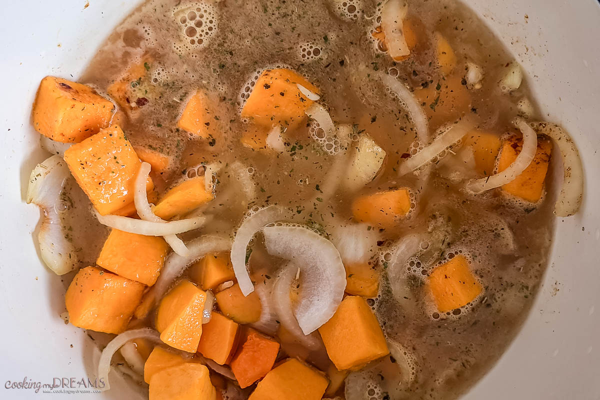 vegetable stock added to the vegetables.