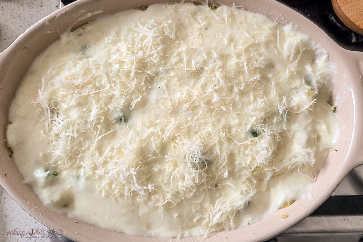 vegetables covered with the cheese sauce and topped with parmesan.