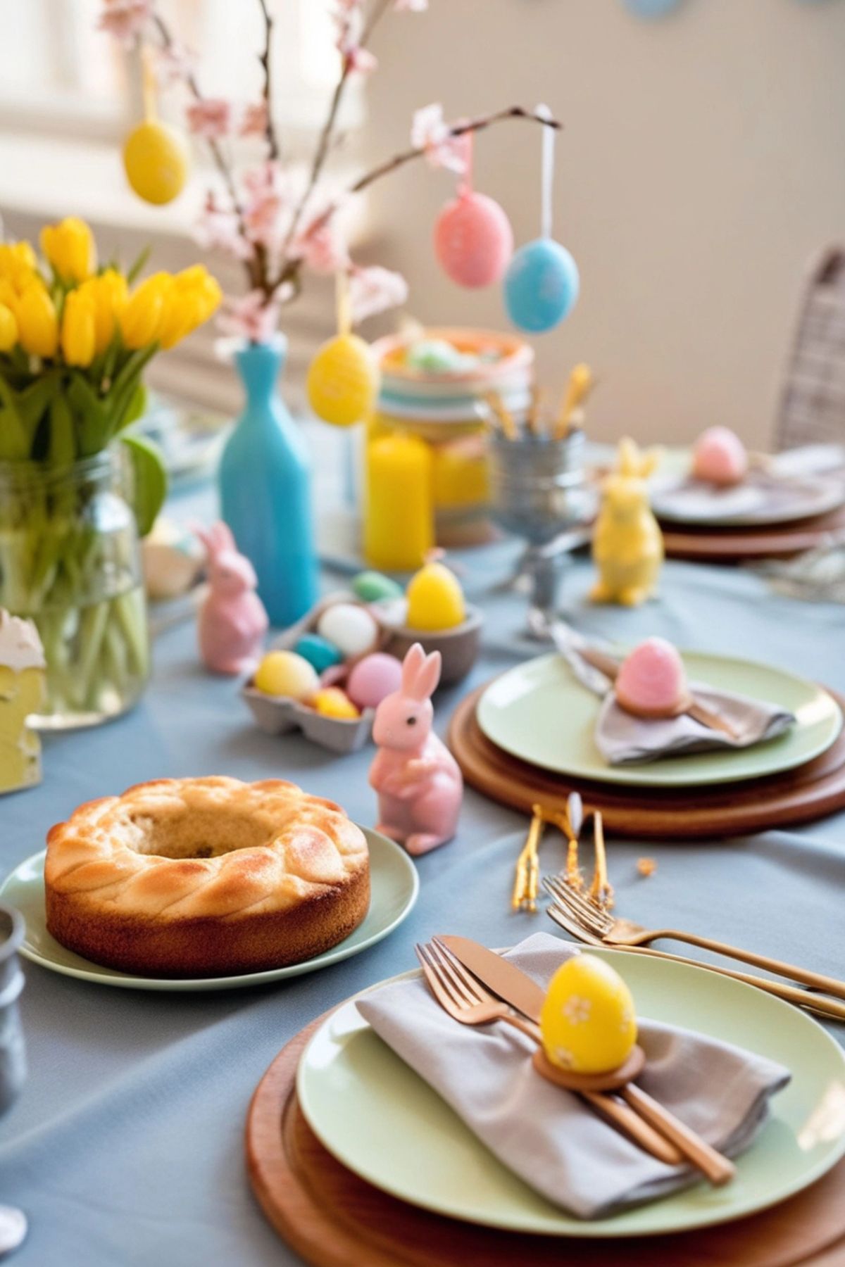 easter table set with a ciambellone, eggs, and bunnies.