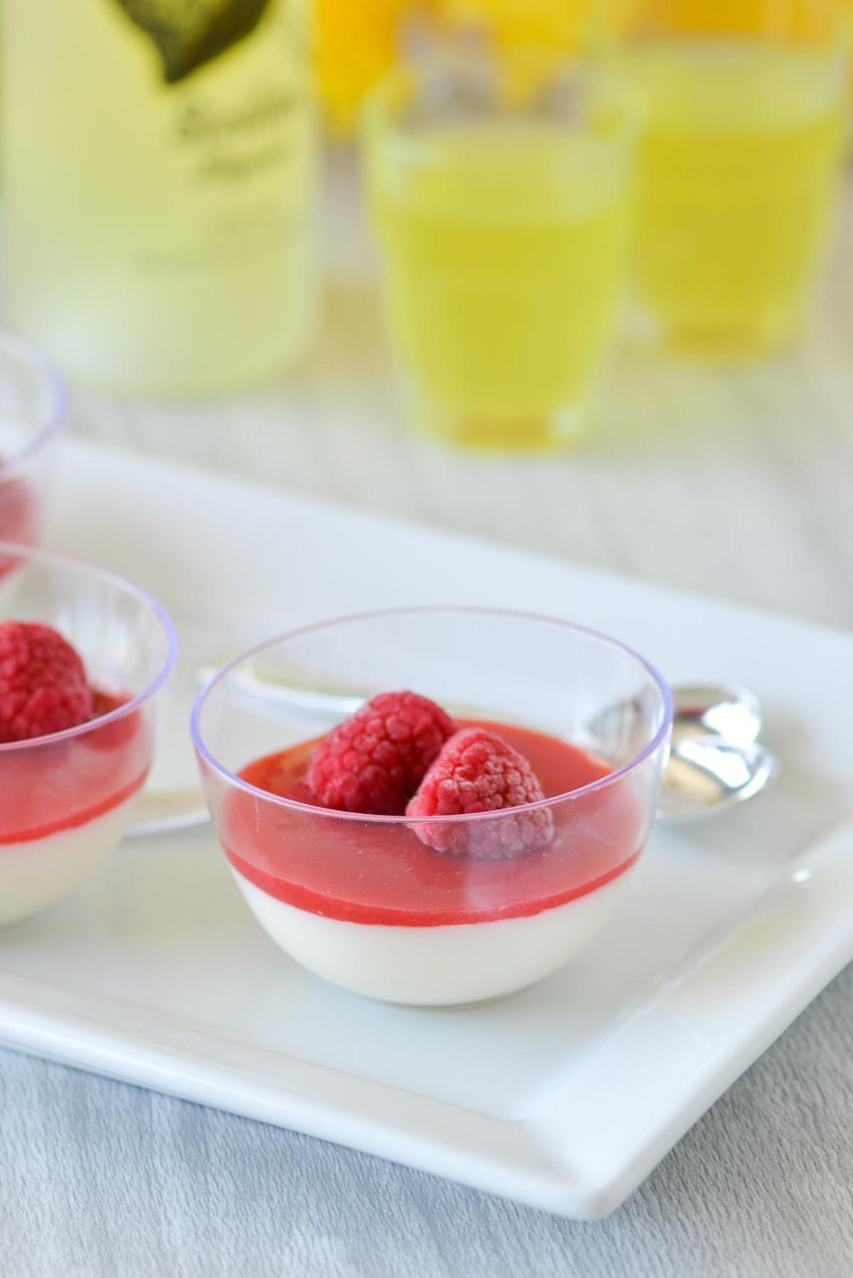 limoncello panna cotta cups with raspberry toppings