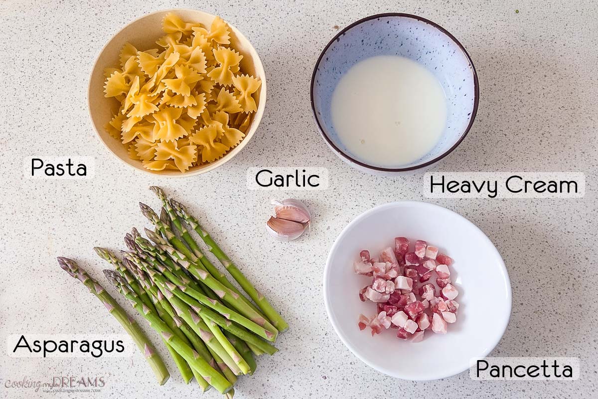 ingredients to make pasta with asparagus and pancetta.