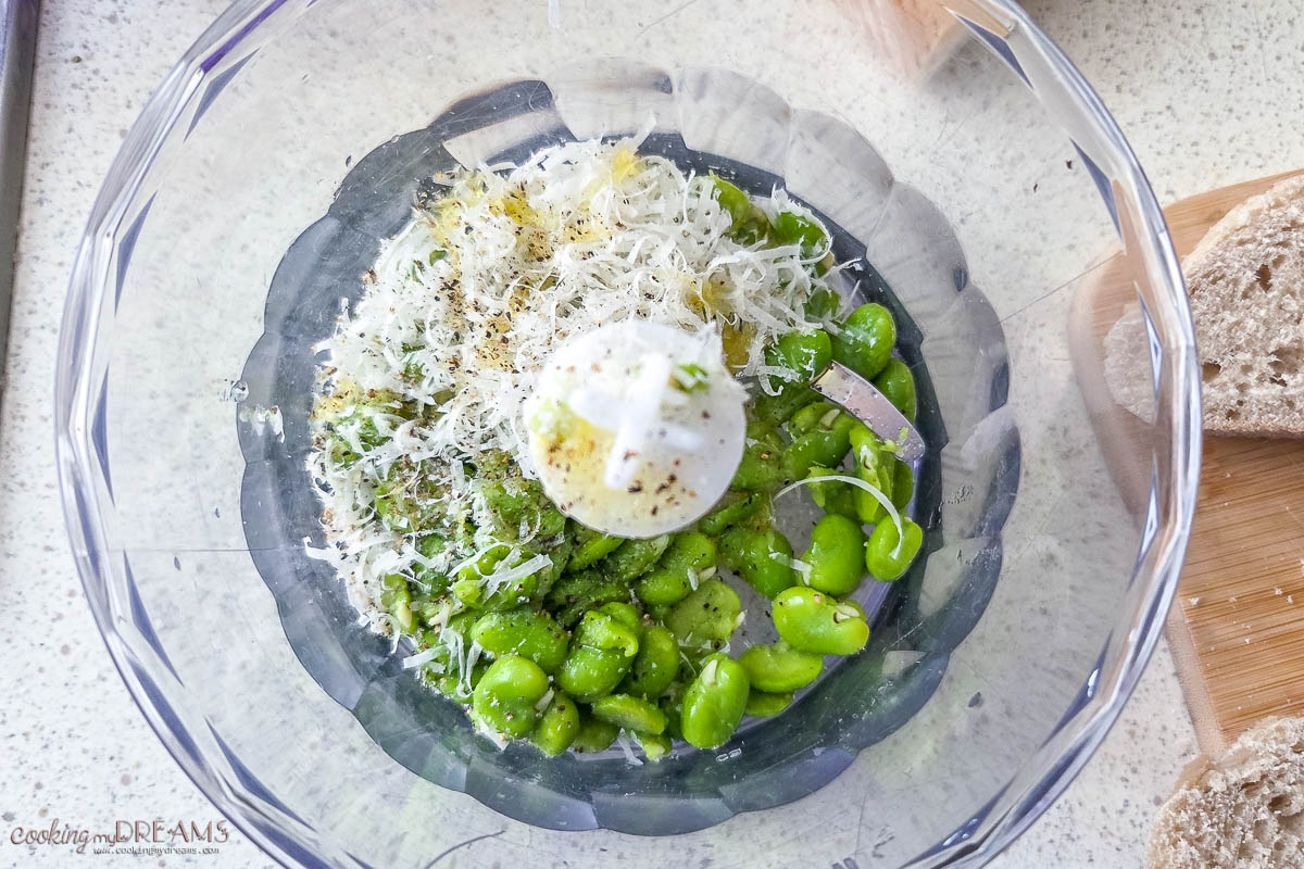 fava beans, parmesan and olive oil in a food processor.