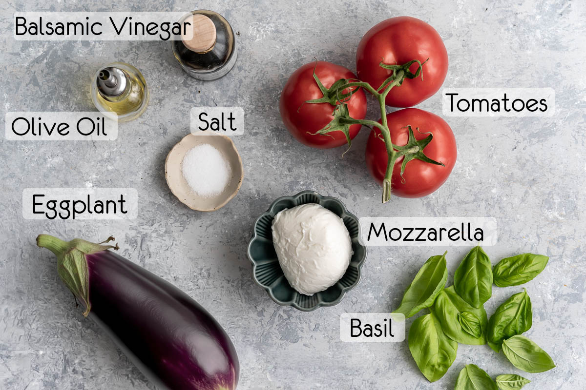 ingredients to make caprese salad with grilled eggplant.