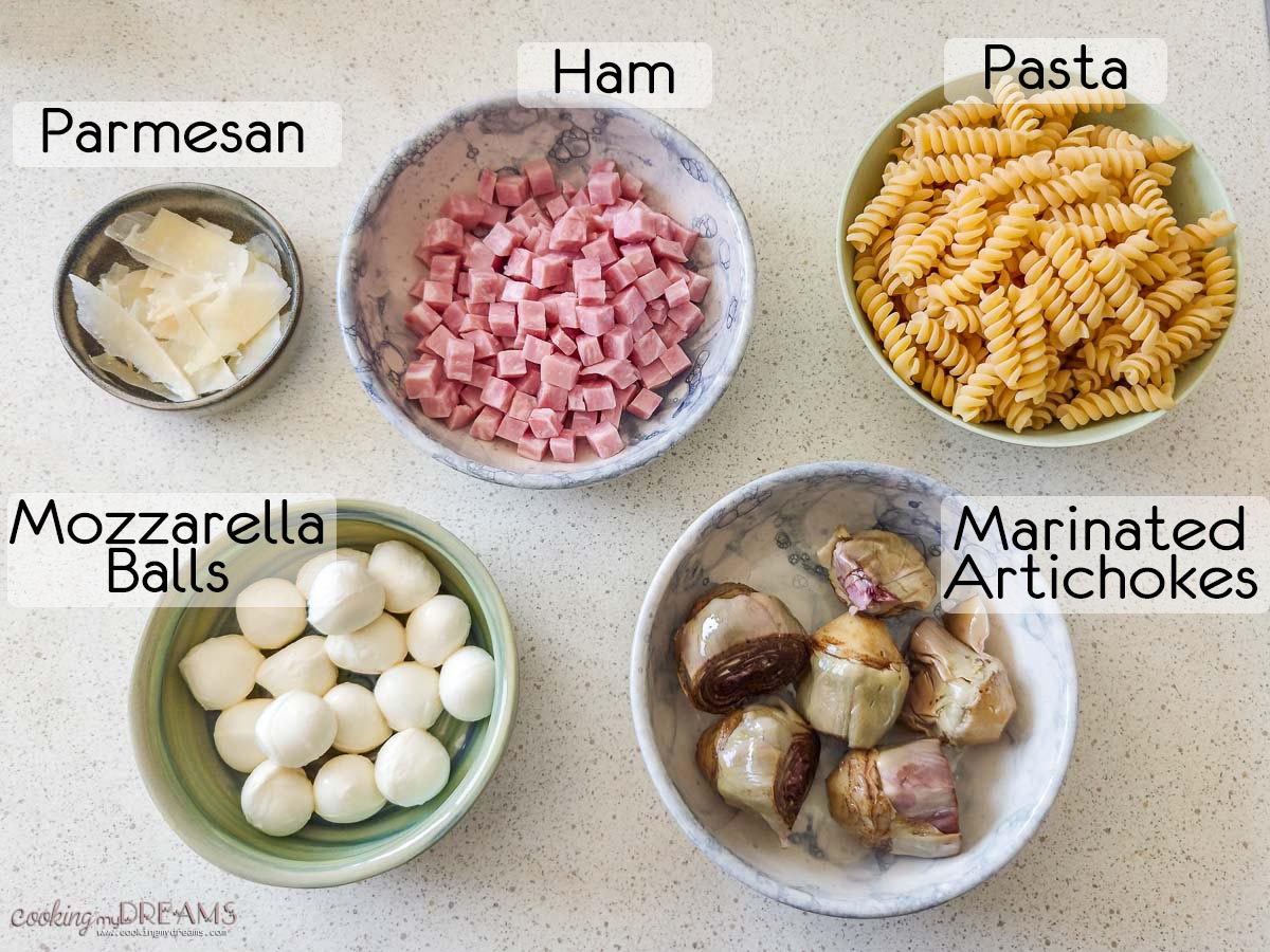 ingredients to make artichoke pasta salad.