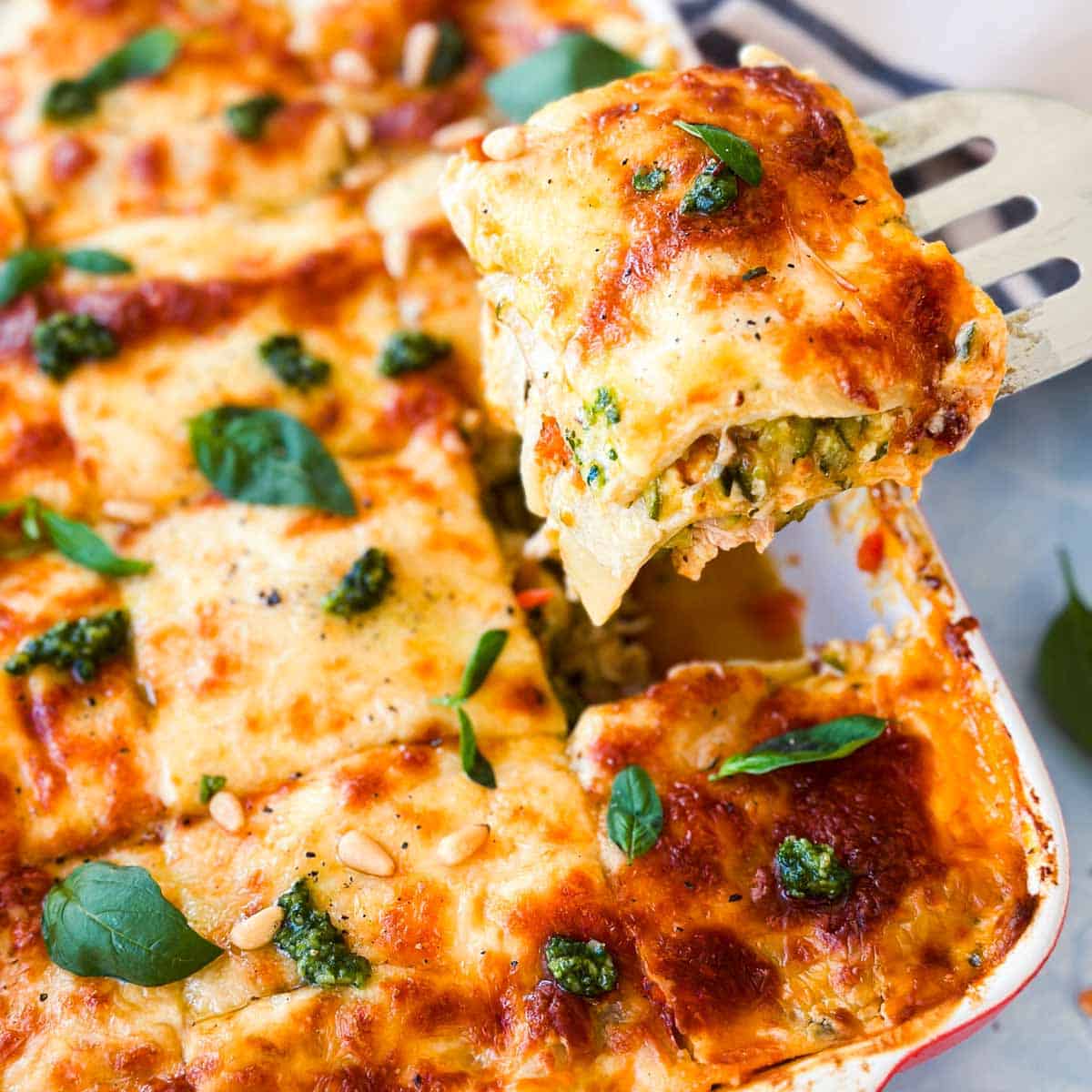 Creamy Pesto Chicken and Zucchini Lasagna