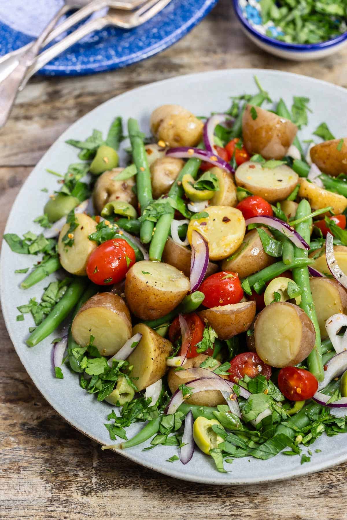 italian potato salad in a bowl.