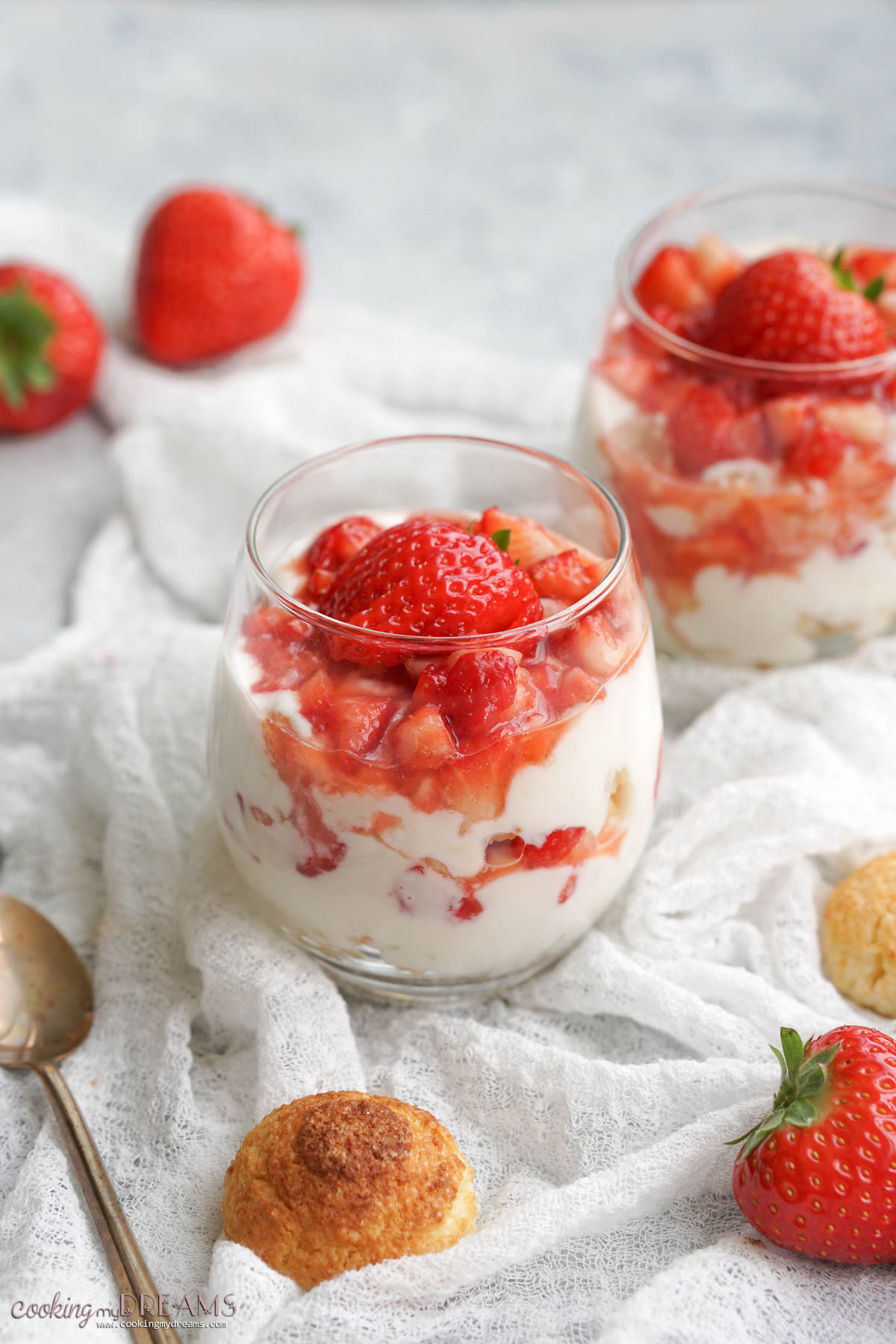 ricotta and strawberry dessert in a glass.